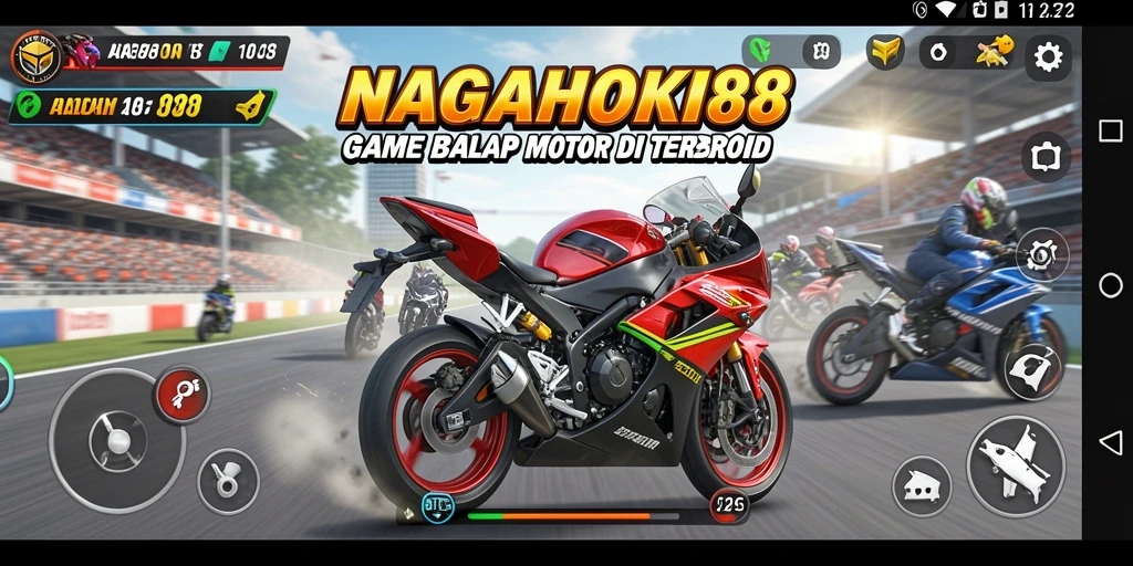 Screenshot gameplay NAGAHOKI88 menampilkan balapan motor yang mendebarkan.