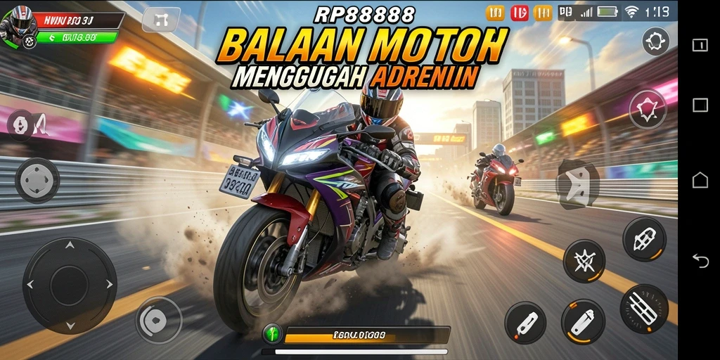 Screenshot gameplay RP8888 menunjukkan balapan motor yang seru dan mendebarkan.